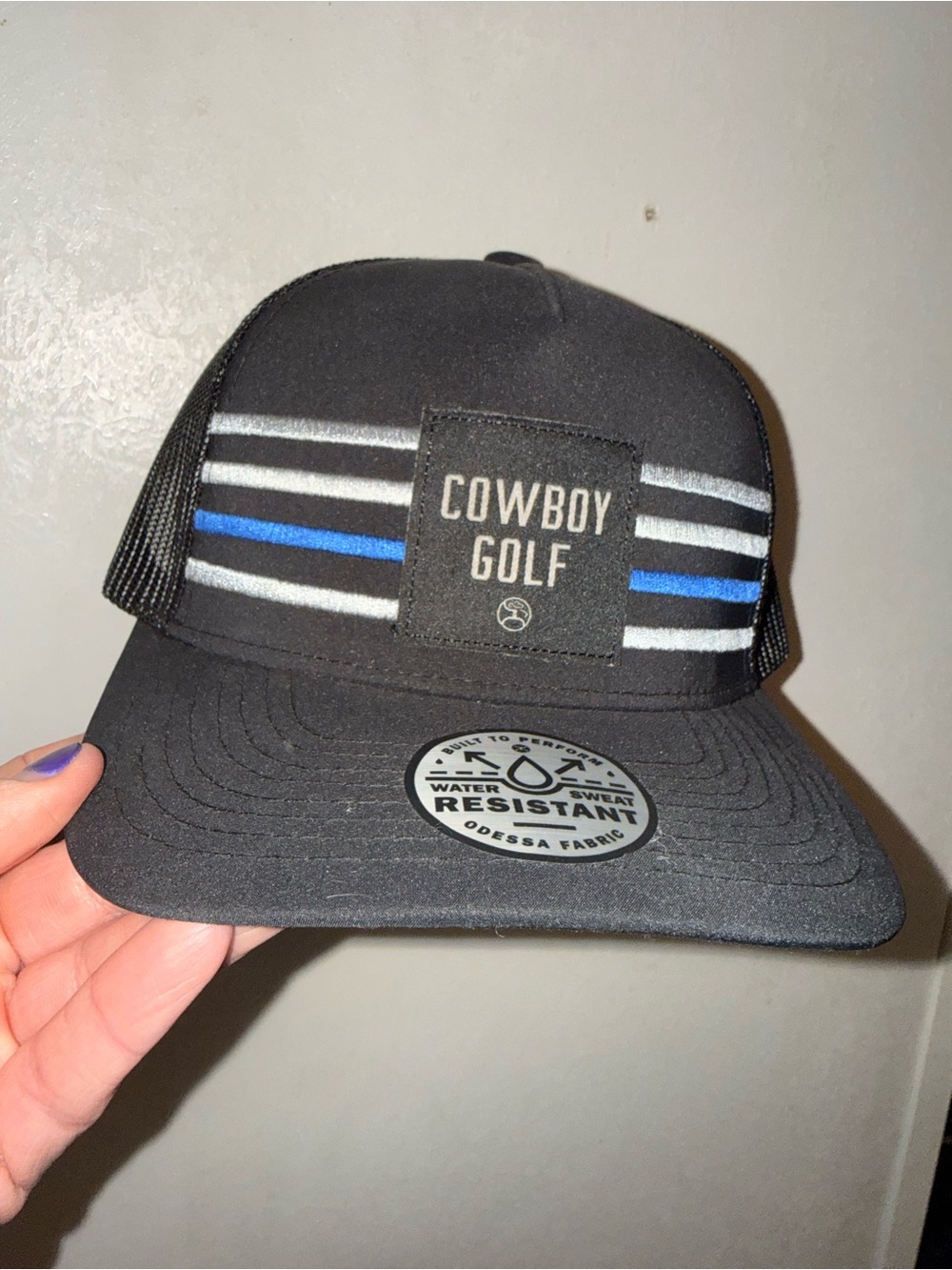 Hooey Black Cowboy Golf Trucker Hat with Blue & Gray Stripes